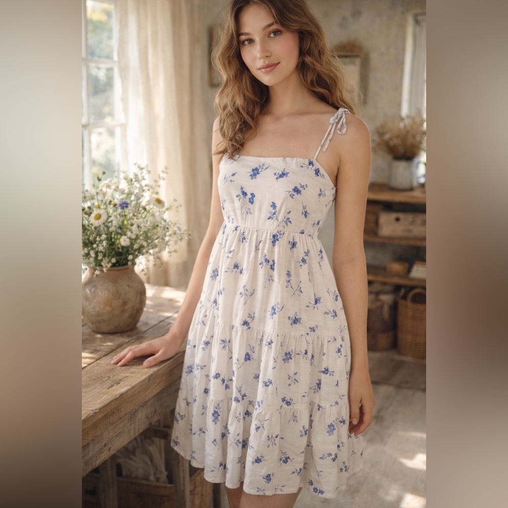 Abercrombie & Fitch Linen Blend White Blue Floral Strappy Mini Dress Size Small